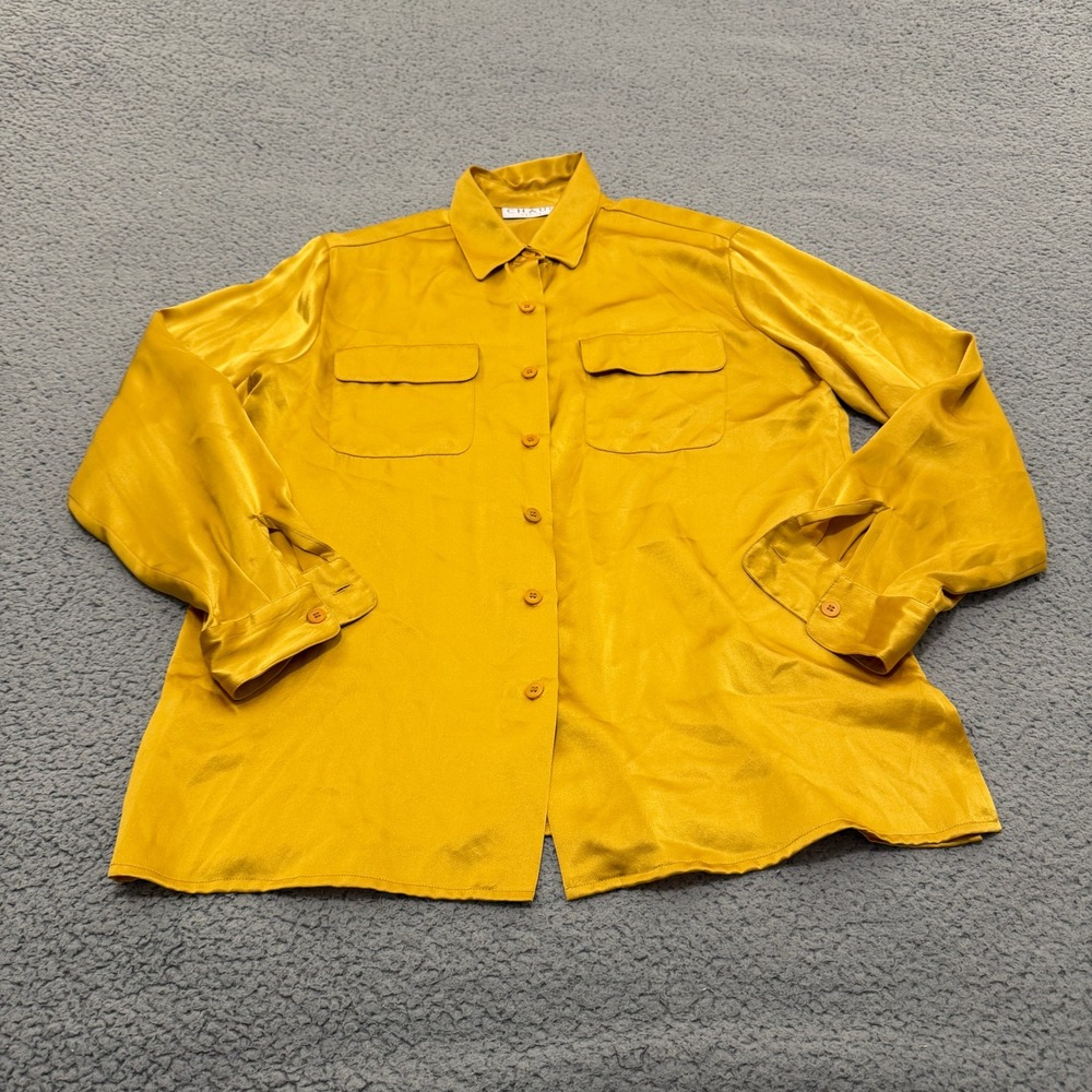 Chaus Petite 100% Silk Blouse Women 10 Yellow Button Down Shirt Long Sleeve